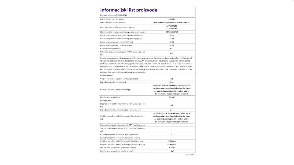 Fujitsu multi klima uređaj, komplet AOYG18KBTA2 ASYG09KMCE x2 inf list