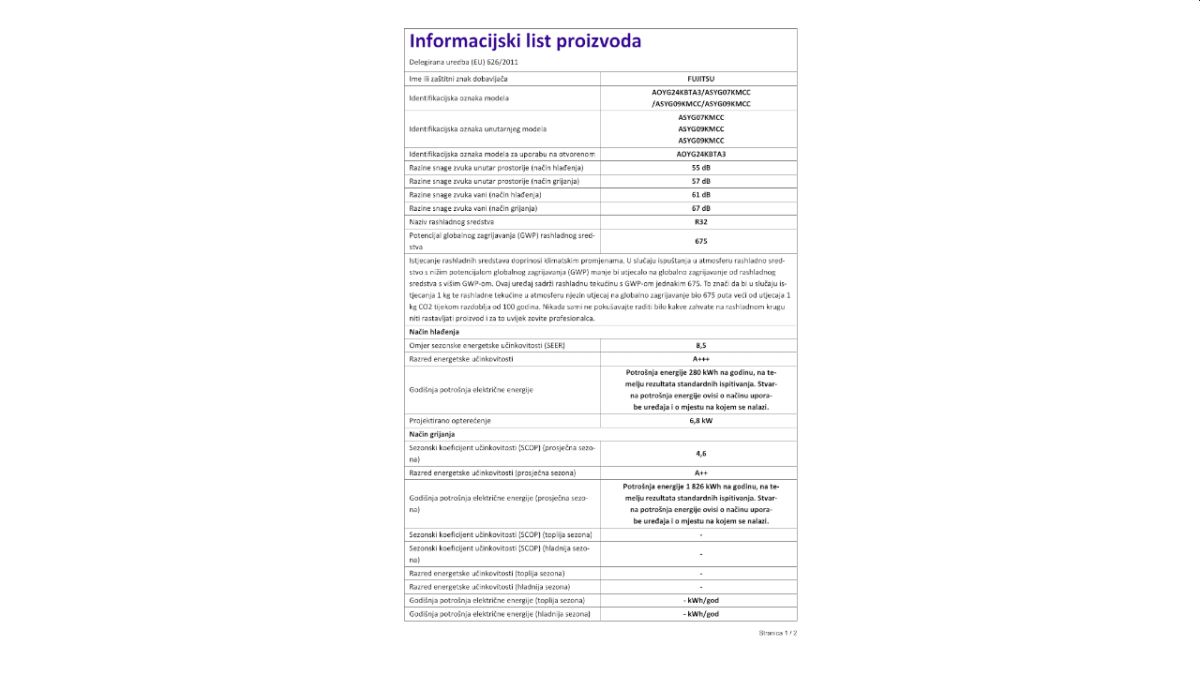 Fujitsu multi klima uređaj, komplet AOYG24KBTA3 ASYG09KMCE x3 inf list