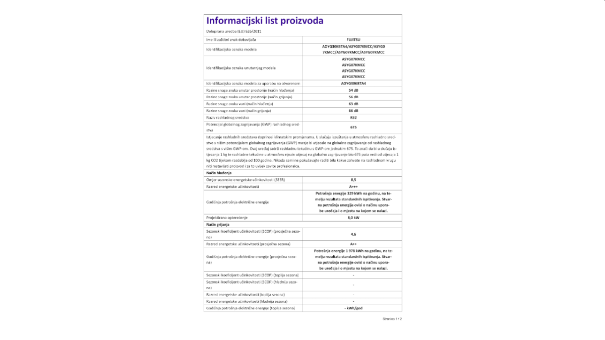 Fujitsu multi klima uređaj, komplet AOYG30KBTA4 ASYG09KMCE x4 inf list