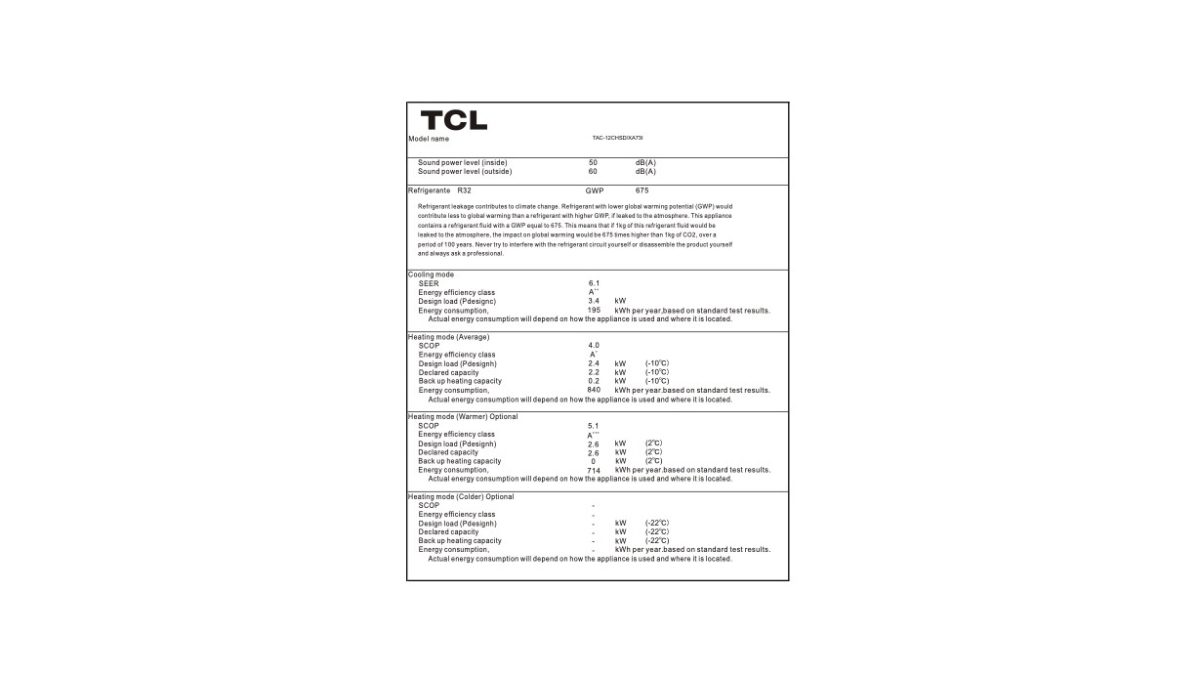 TCL klima uredaj Elite Inverter TAC 12CHSD XA73I inf list