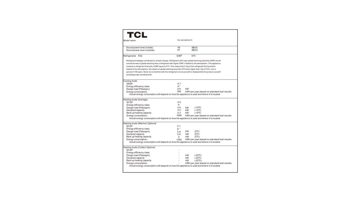 TCL klima uredaj Elite Inverter TAC 24CHSD XA73I inf list