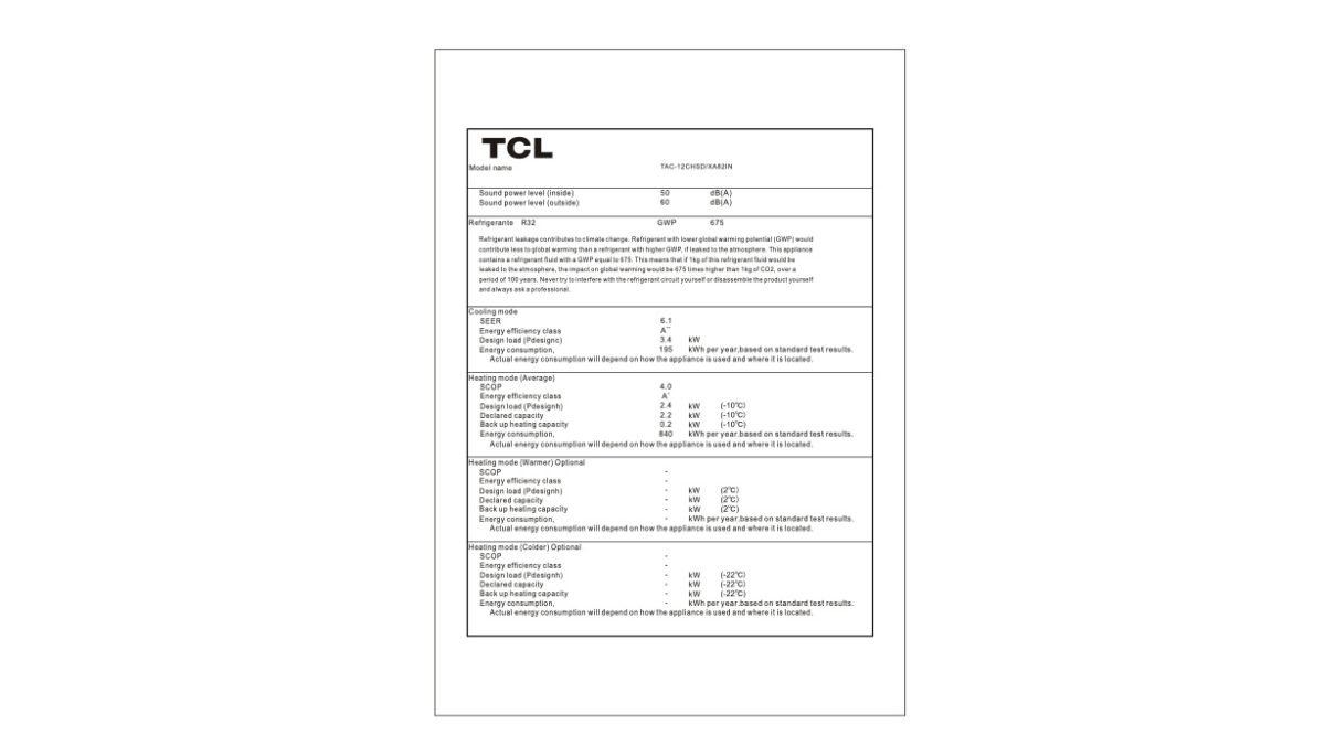 TCL klima uredaj Nordic Inverter TAC 12CHSD XA82I inf list