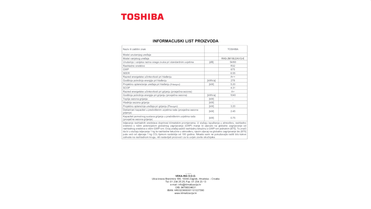 Toshiba multi klima uređaj, komplet RAS 2M18G3AVG E RAS B10E2KVG E x2 inf list