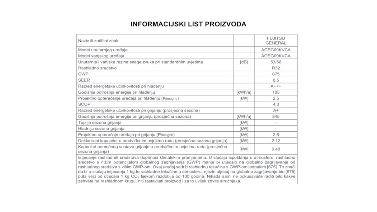 Fujitsu informacijski list 09KVCA