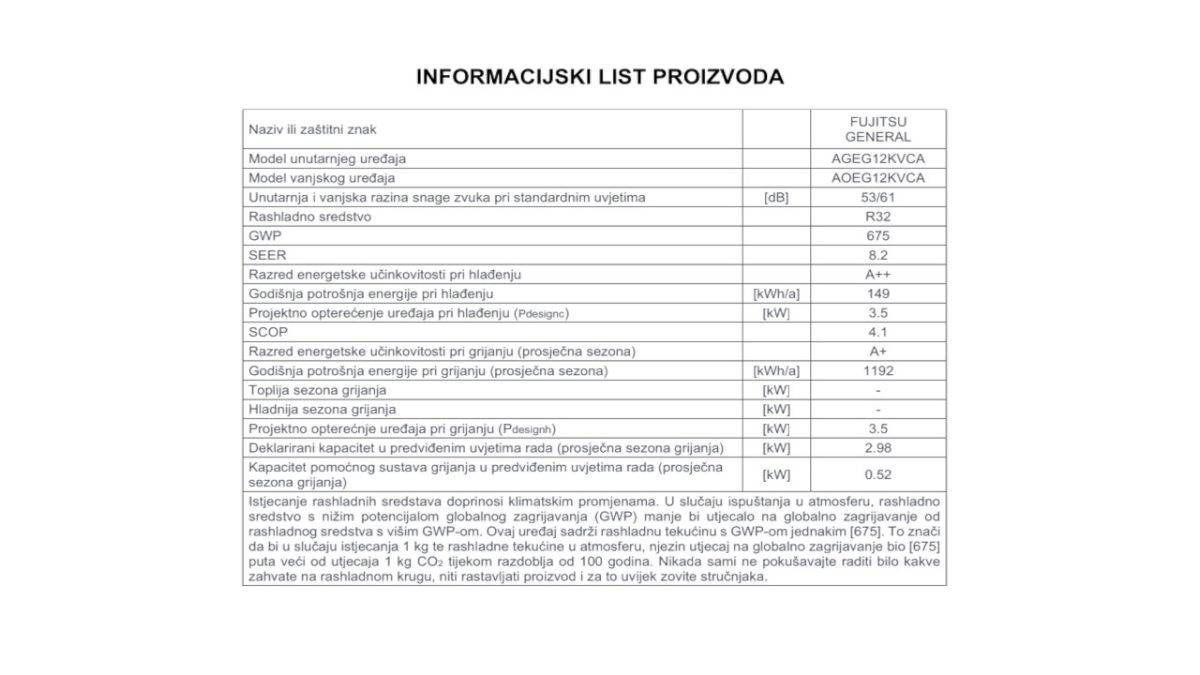 Fujitsu informacijski list 12KVCA