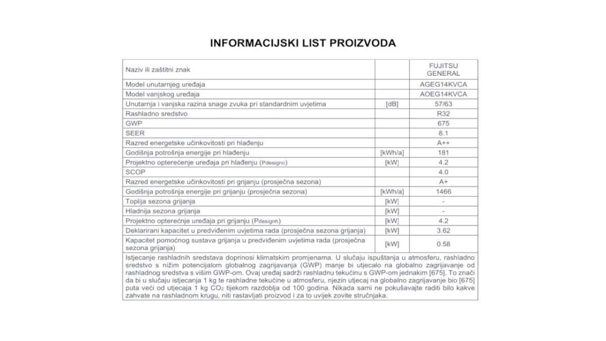 Fujitsu informacijski list 14KVCA