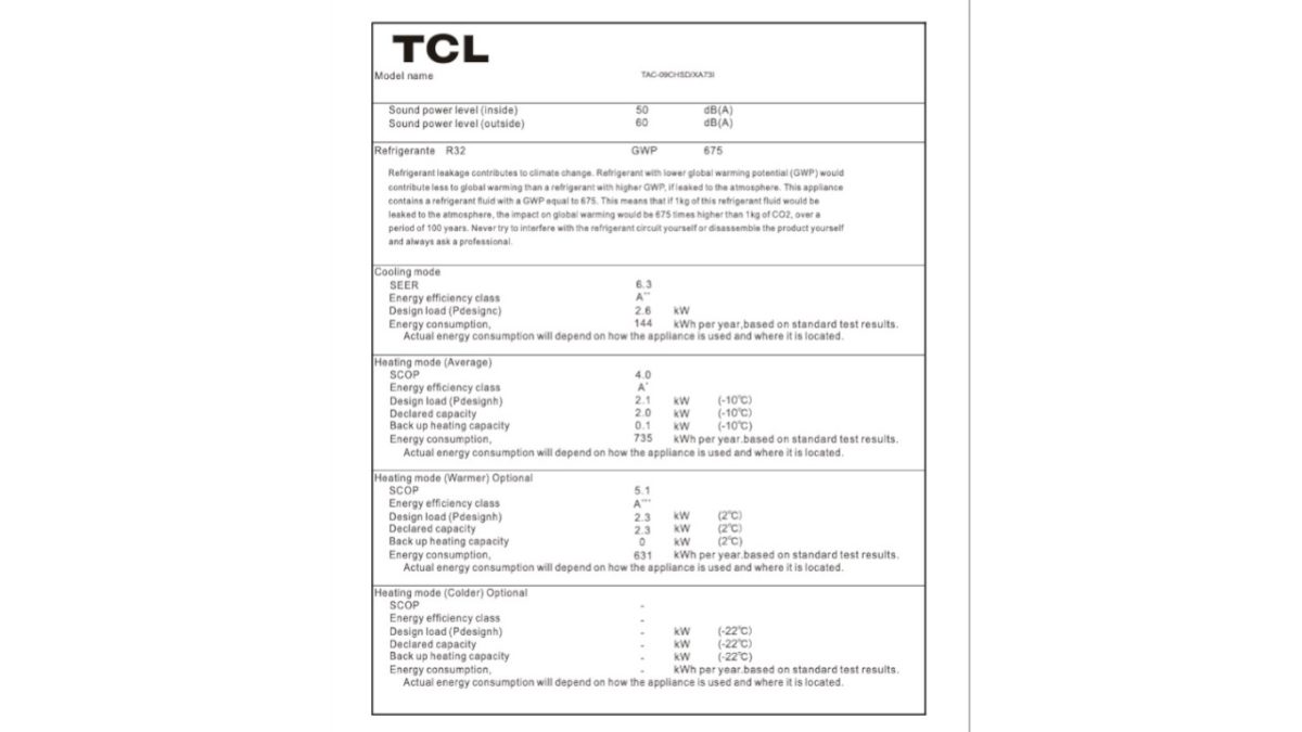 TCL informacijski list Elite09