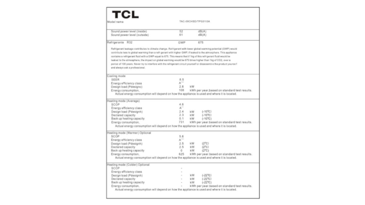 TCL informacijski list TSmart09