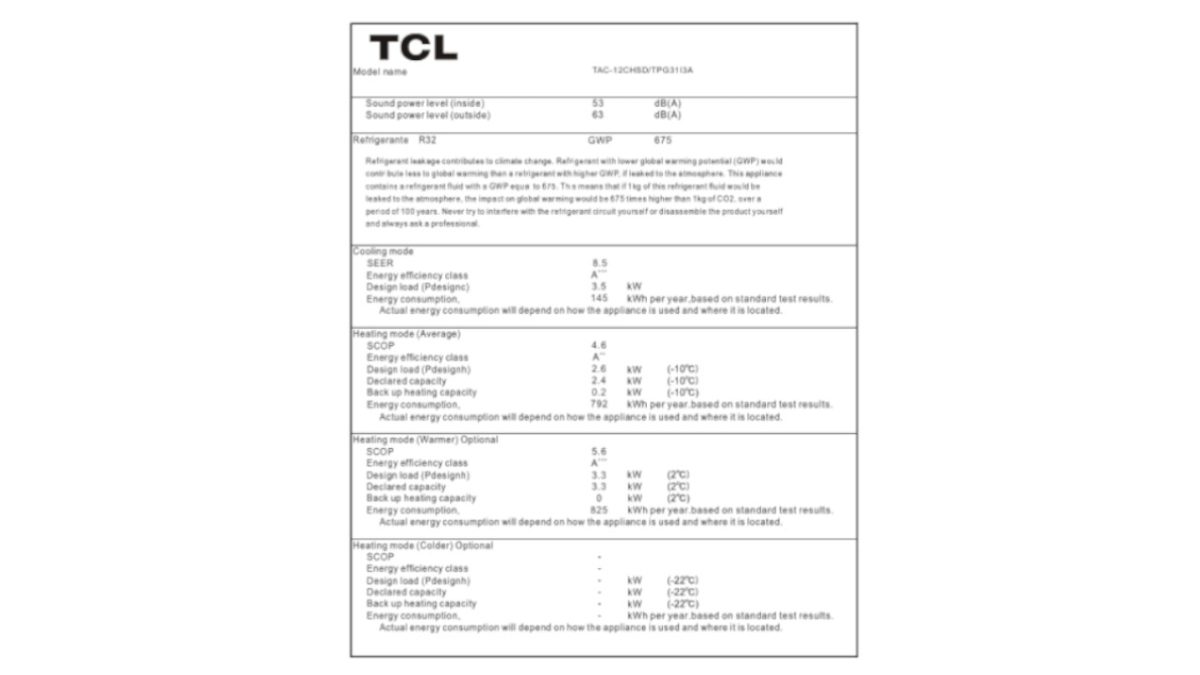 TCL informacijski list TSmart12